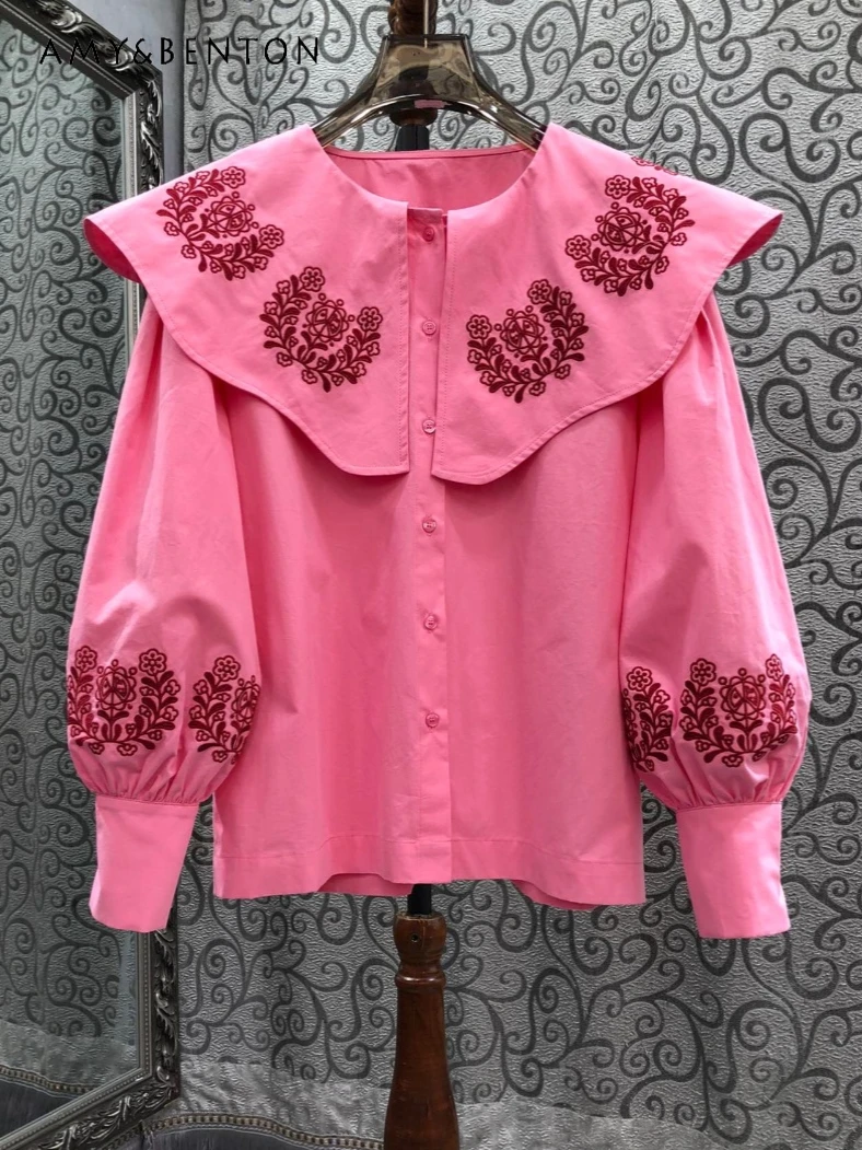 Французская Ретро вышитая цветочная шаль кукольный воротник рубашка с длинными