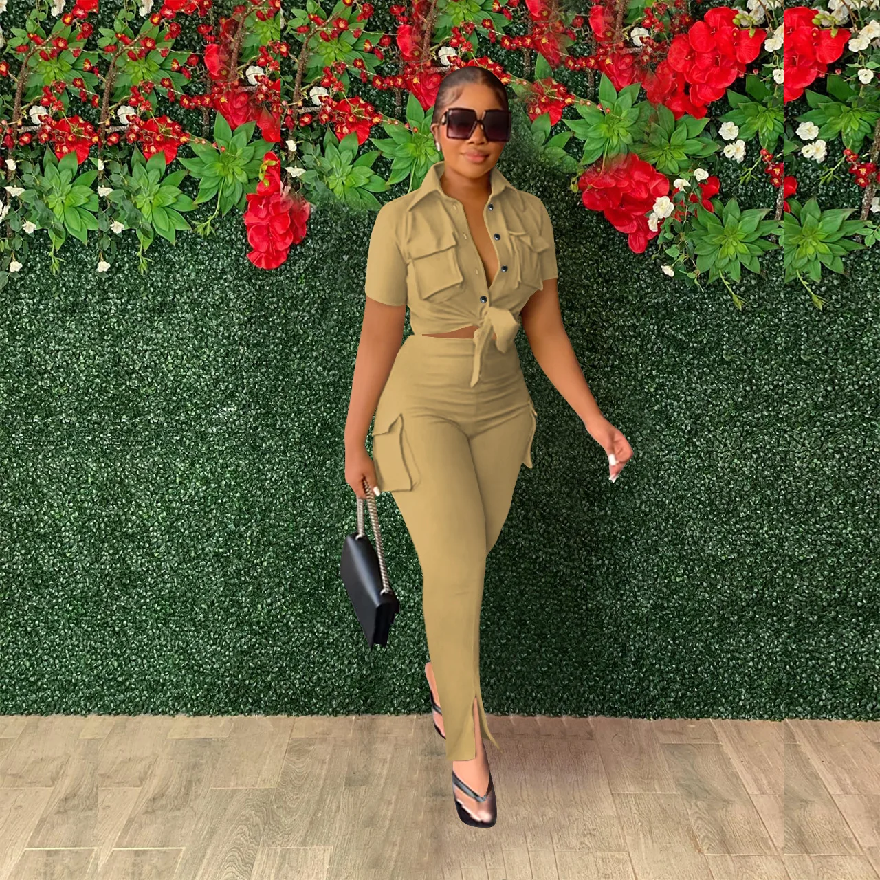 

Spring Summer Fashion Women Work Clothes Two Piece Set Women Casual Button Lace Up Shirt Pocket Pants Two Piece Set Women