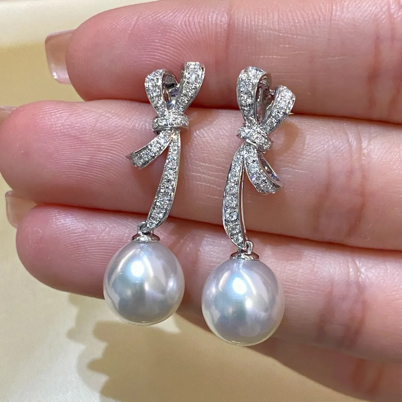 

Bowknot Pearl Diamond Dangle Earring 925 Sterling silver Party Wedding Drop Earrings for Women Bridal Engagment Promise Jewelry