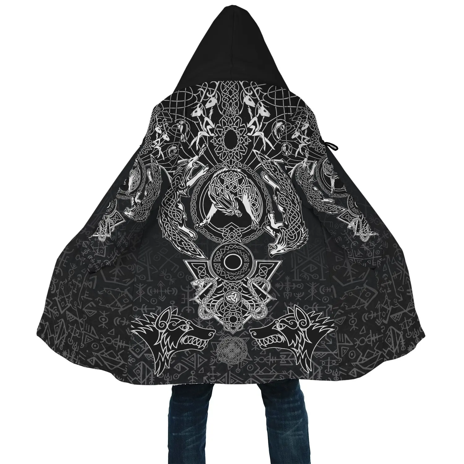 

Winter Mens Viking Style Cloak Fenrir and Skoll Hati Tattoo 3D Print Fleece Hooded Cloak Unisex Casual Thick Warm Cloak Coat