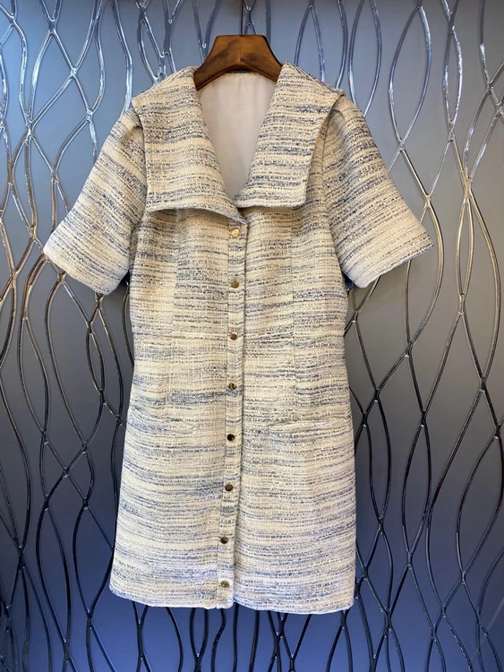 

2022 new women fashion big lapel V-neck snap-button decoration short-sleeved coat skirt dress 421