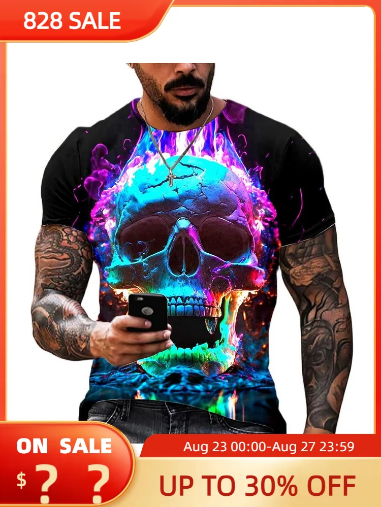 

Мужская футболка с 3D-принтом черепа, черная футболка оверсайз с коротким рукавом, футболка в стиле панк, одежда для мужчин на лето 2023