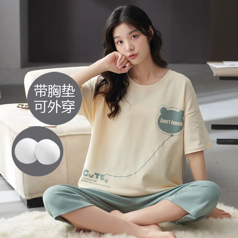 Summer Pajamas Women's Cotton Short-sleeved Cropped Trousers with Chest Pads Japanese Cute Girl Summer Home Suit Soft Sleepwear