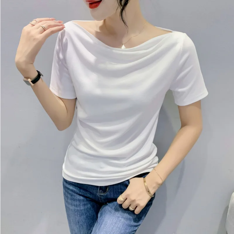 

#6107 футболка, уличная одежда, однотонная женская футболка, тонкая футболка с вырезом-лодочкой, облегающая женская Стильная цветная рубашка, пикантная Корейская Летняя женская футболка со складками