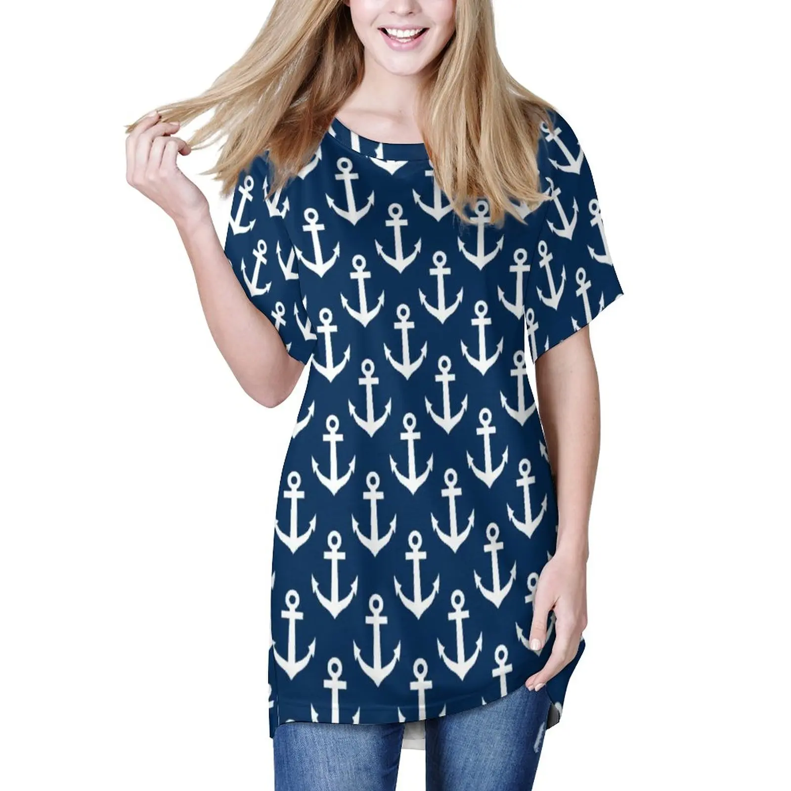 

Футболка с морским принтом, элегантная Свободная рубашка темно-синего цвета с принтом якоря, с коротким рукавом, уличная одежда, большие раз...