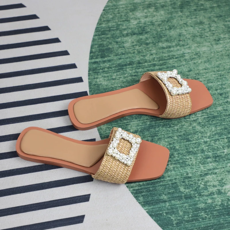 Z Women Fashion Outside Flat Sandals Elegant Pearl Woman Slides Shoes Low Heels Weave Beach Ladies Sandals Travel Summer Shoes