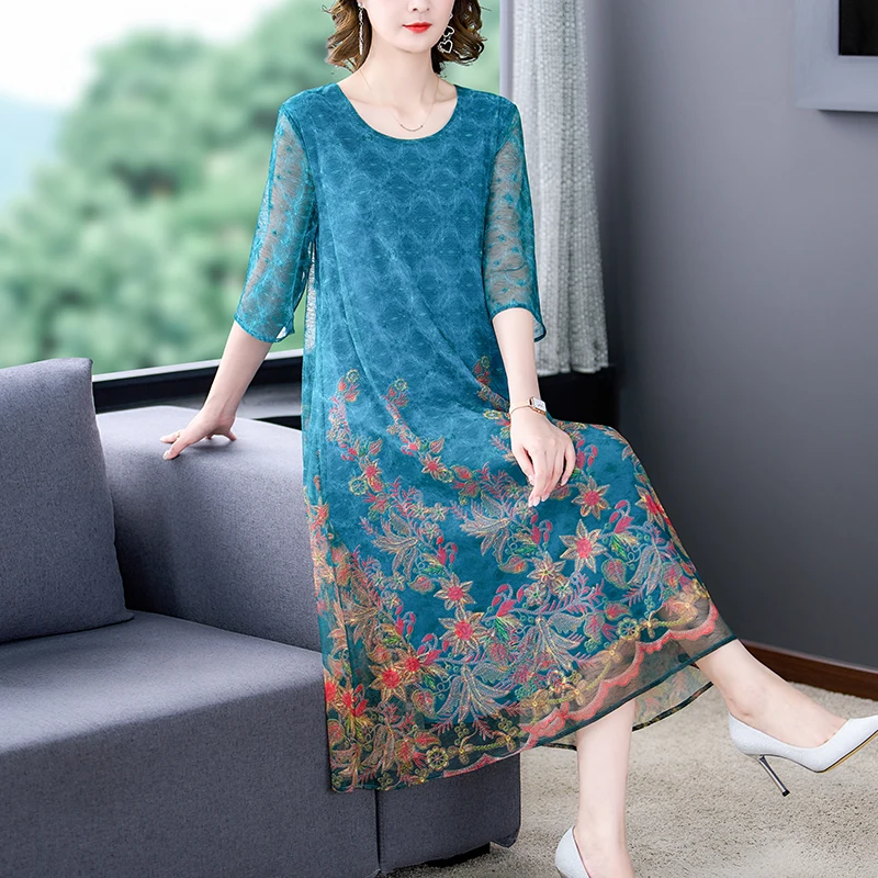 

Women Blue Floral Chiffon V-Neck Midi Dress 2022 Boho Fashion Light Casual Beach Dress Summer Korean Elegant Bodycon Party Dress