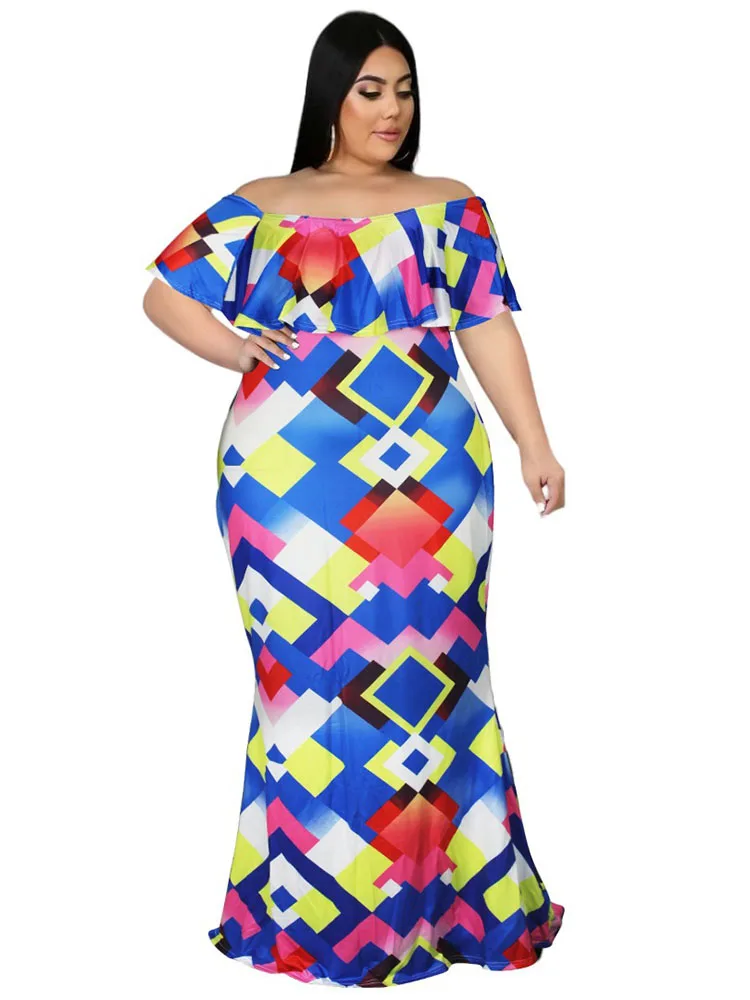

4XL Plus Size Maxi Dress Women Splice Slash Neck Off Shoulder Robes 2022 New Solid Street Style Sexy Oversize Long Mermaid Dress