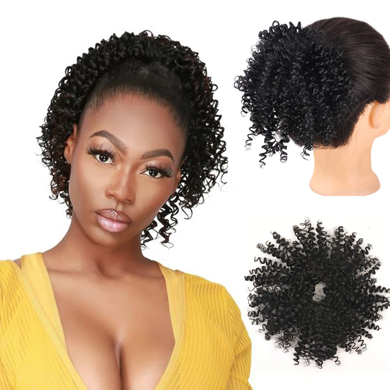 

Short Kinky Curly Synthetic Hair Ponytail Afro Puff bounce curly Chignon Hair pieces For Women Updo Clip Hair Extension