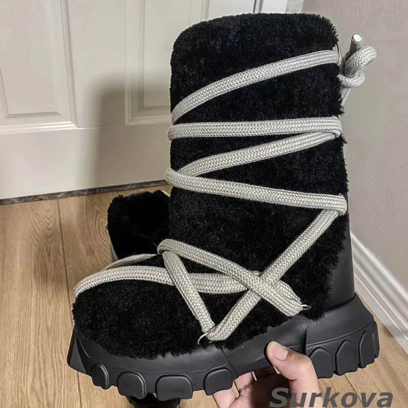 Women Casual Snow Boots Round Toe Flat Mid-Heel Warm Shoes Plush Cross Strap Thick Bottom Snow Boots Winter Fashion Retro Boots