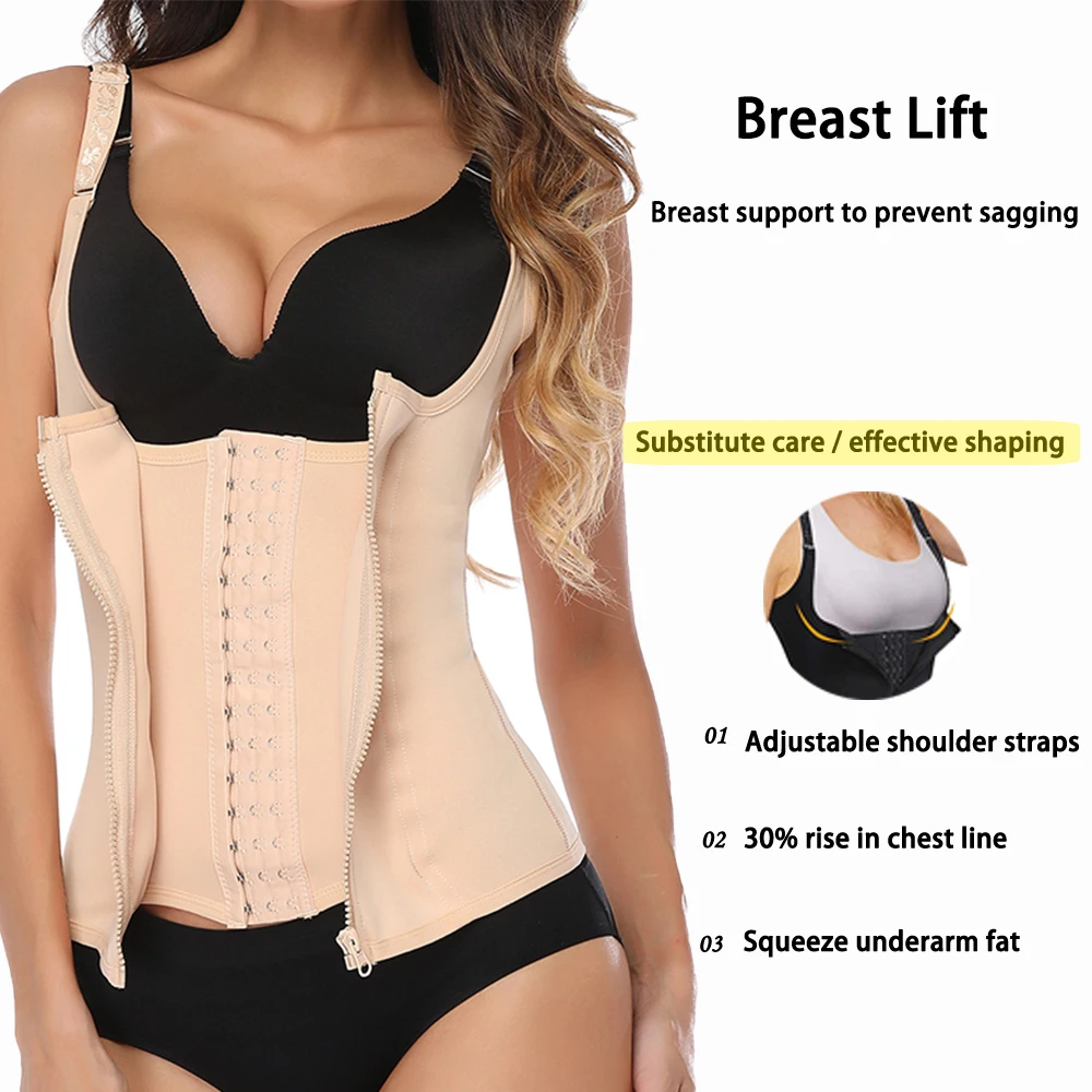 Waist Trainer Women Cincher Corset Vest Trimmer Body Shaper Shapewear Sports Girdle Sweat Belt Tank Top with Strap Zipper Daily