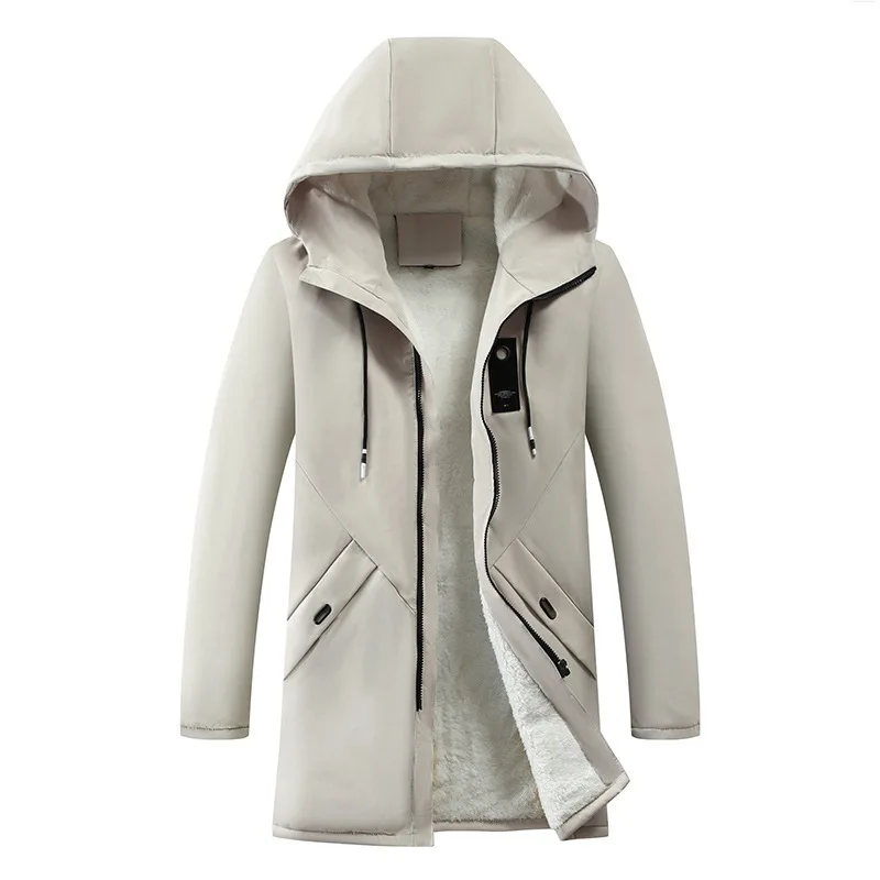 New Parkas Jackets for Men  Long Hooded Coat Winter New Warm Thick  Fleece Parkas Jacket Mens Cotton Windproof Solid Color Coats