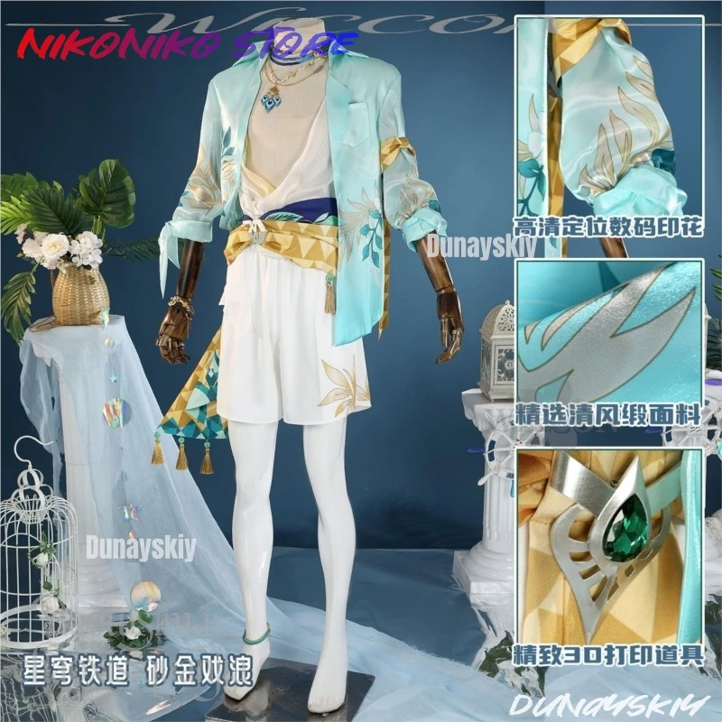 Фото Новый летний комплект Aventurine Waveflair: костюм для косплея на Хэллоуин, аниме-униформа, купальник, пальто, брюки, парики, игра Honkai Star Rail. №2