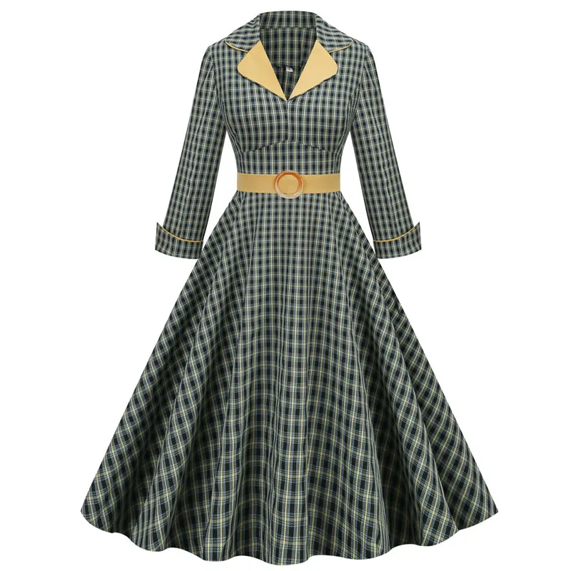 

Women Spring Autumn turn down collar Green Plaid Printed 3/4 Sleeve Vintage Retro 50s 60s Pin up Skater dress