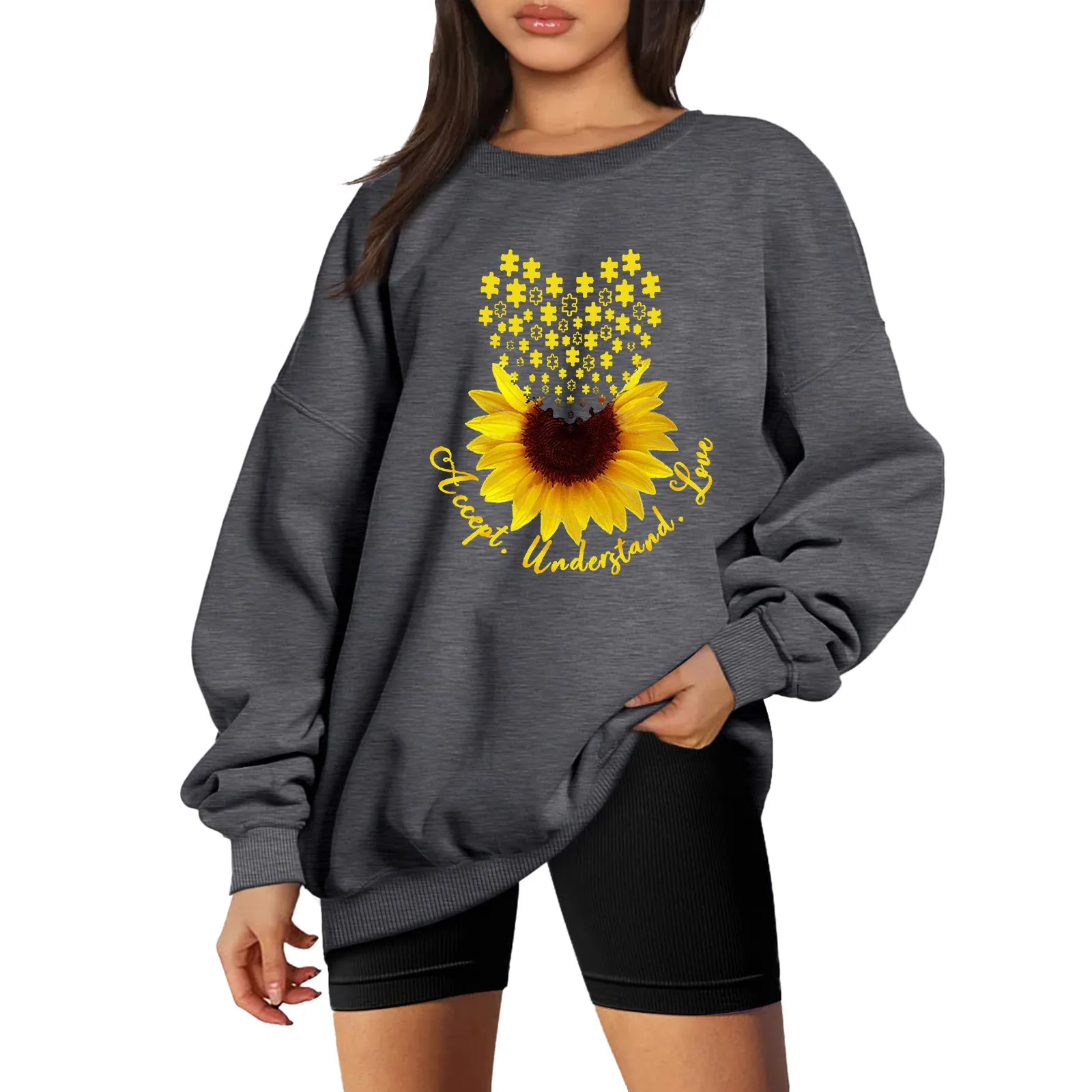

Womens Autumn And Winter Loose Top Solid Color Shoulder Sleeve Hoodless Long Sleeve Sweatshirts Women Long Sleeve Sweet Shirt