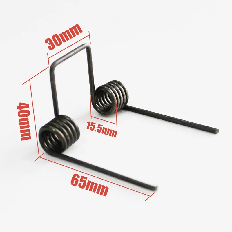 

Double torsion spring,wire dia 2.5mm OD. 15.5mm feet length 65mm 5 coils