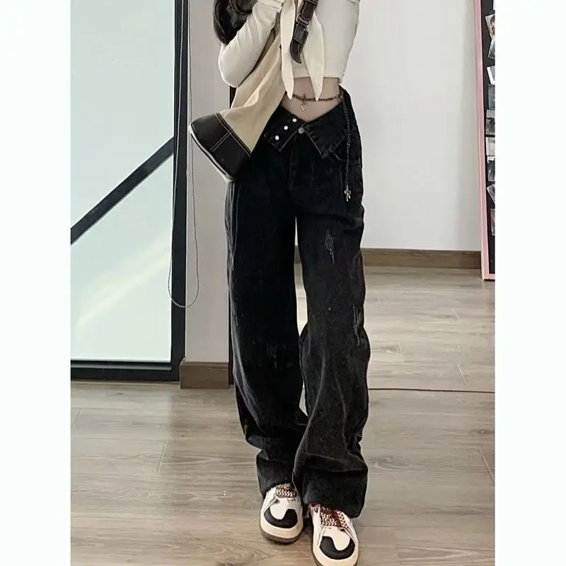

Американские черные свободные джинсы в стиле ретро Y2K с высокой талией, женские широкие брюки, японская потертая уличная одежда, универсальные мешковатые джинсы