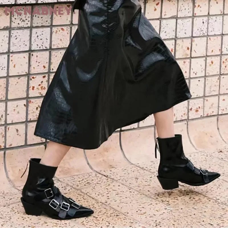 Black Cross Strap Belt Buckle Boots Pointed Toe Chunky Heel Back Zipper Ankle Boots Personality Handsome Casual Fashion Boots
