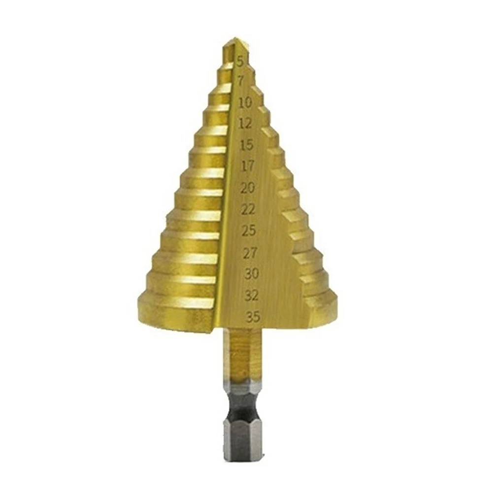 

Spiral Grooved Drill Step Drill Tool Hex Handle 23x13mm Shank 35x72mm Total Size 5-35MM HSS Nitrogen Treatment
