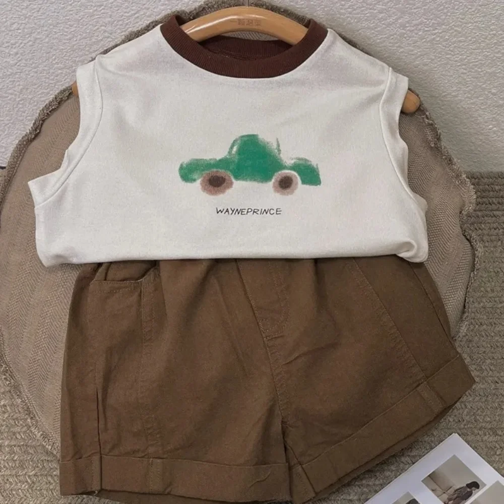 

Menoea Boys Cute Car Vest Sets Kids Fashion T-shirt Solid Thin Refreshing Shorts 2pcs Outfits Girls Summer Loose Cartoon Suit