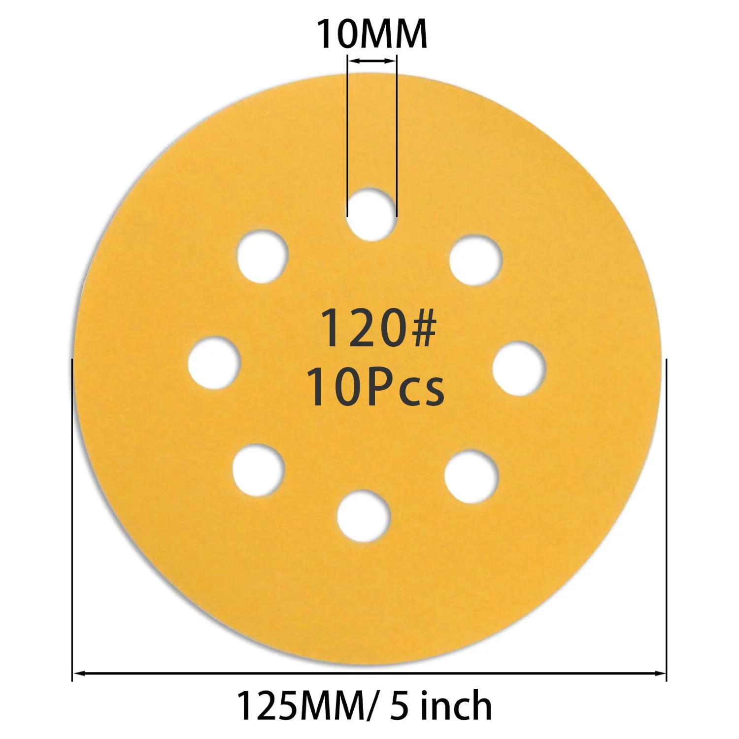 105/50/10 шт. 125 мм желтая шлифовальная бумага 5 дюймов 8 отверстий, шлифовальные диски для автомобиля, деревообработка, шлифовальный диск по металлу, абразивный инструмент для полировки