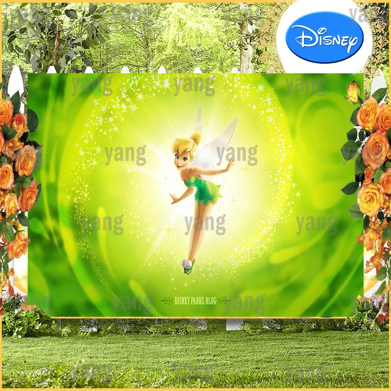

Disney Lovely Princess Tinker bell Custom Baby Birthday Party Cartoon Chartreuse Glitter Backdrop Photography Backgrounds Banner