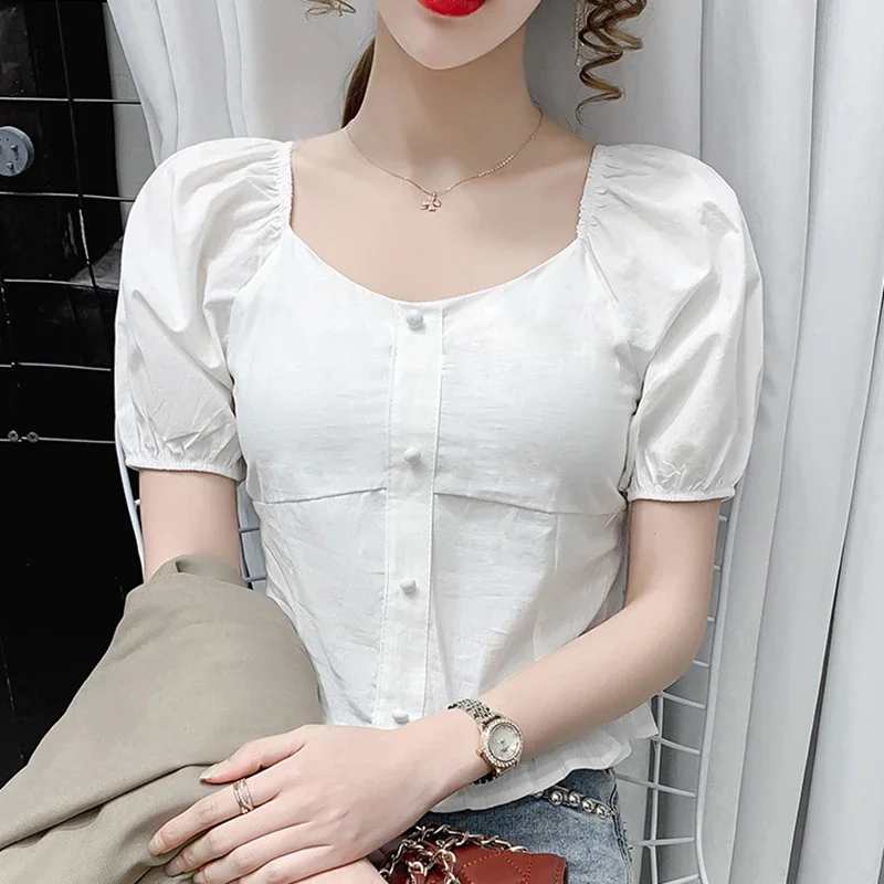 Летние белые топы с пышными рукавами женские 2024 модные повседневные фиолетовые