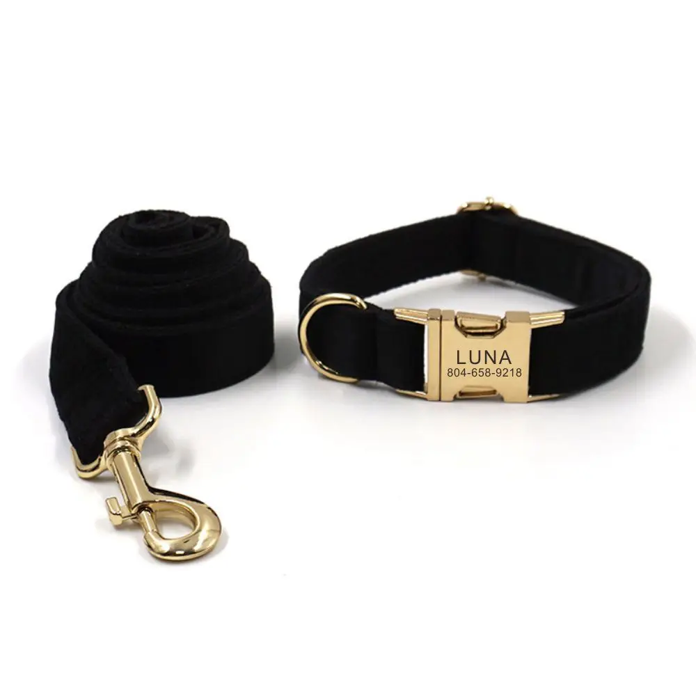 Personalized Dog Collar Custom Pet Collar Free Engraving ID Name Tag Pet Accessory Black Velvet Fiber Puppy Collar Leash Set