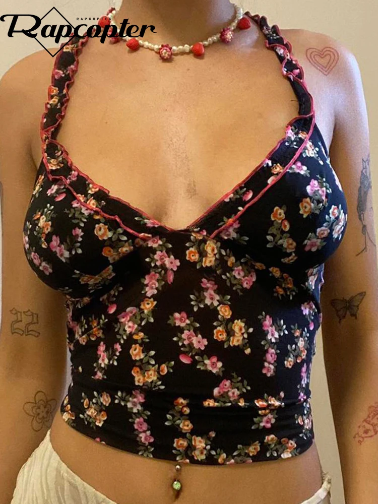 

Rapcopter y2k Small Floral Crop Top Mesh See Through Halter Top Trim Backless Retro Cute Summer Mini Vest Women Basic Casual Tee