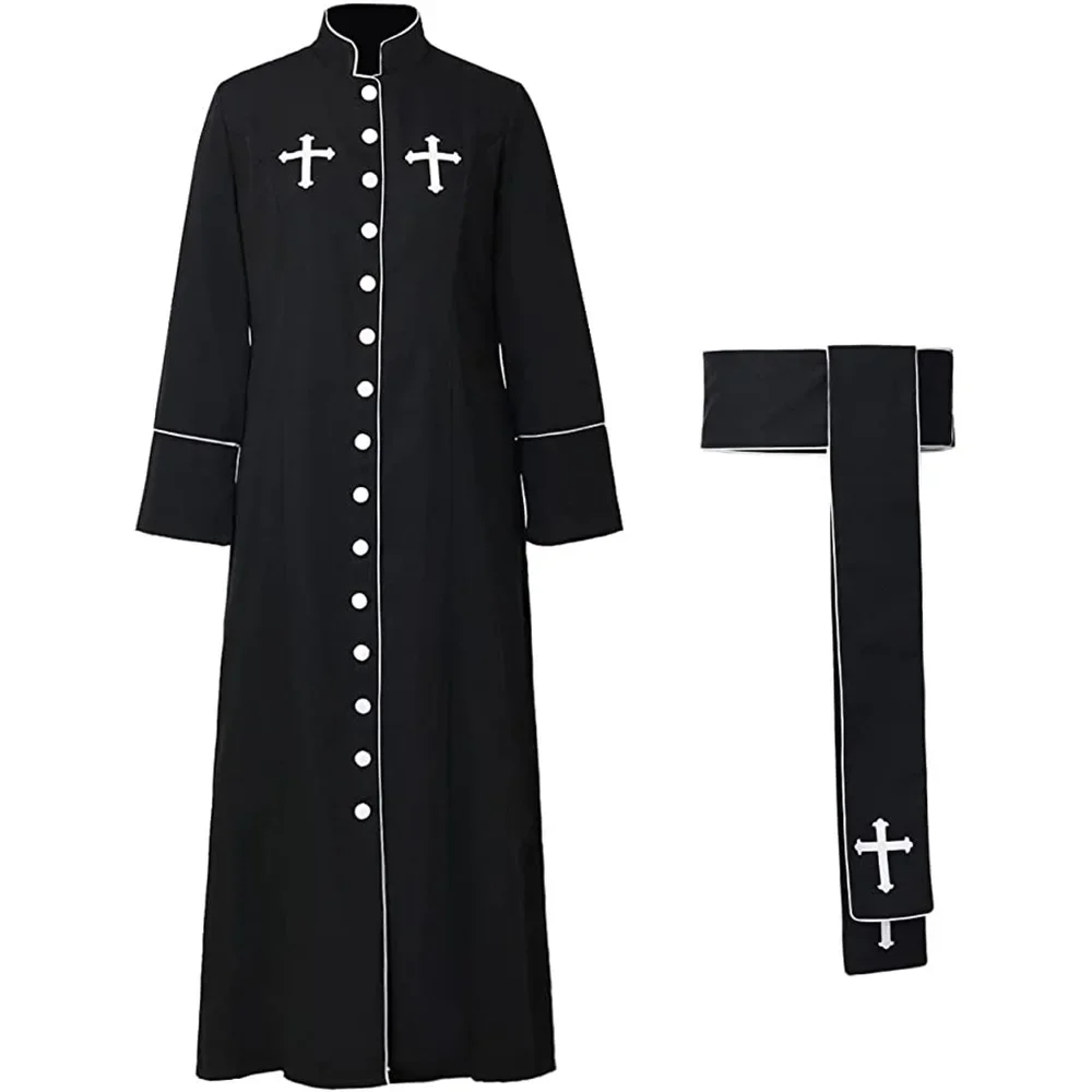 Black Noble Priest Costume Medieval Church Robe Trench Jacket Stand Collar Witch Wizard Cloak Halloween Vampire Clothing