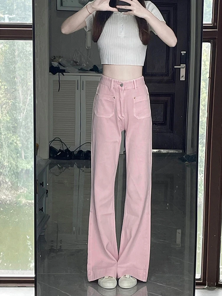 Плюс размер 50 00 кг Розовые широкие джинсы скинни Женские осенние новые брюки