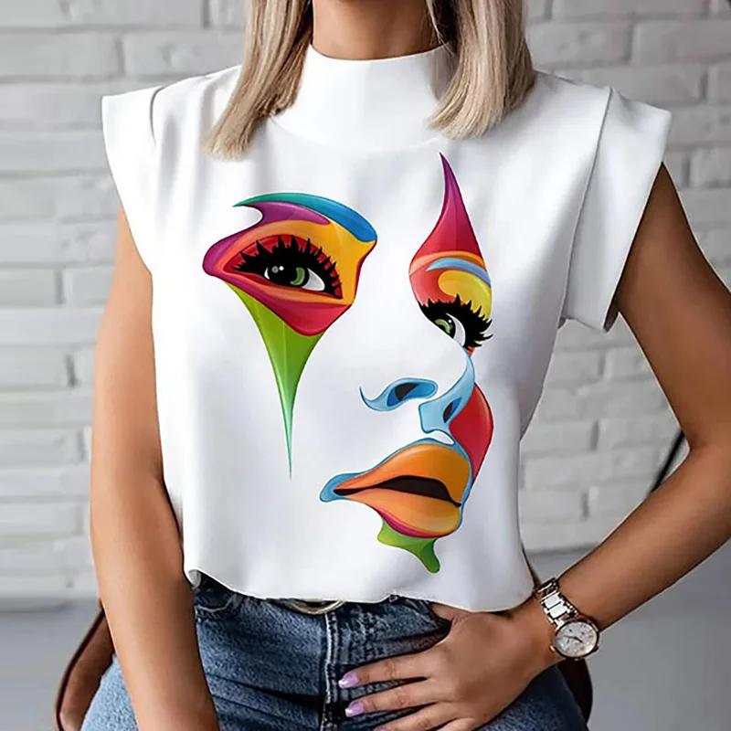 

Onecozyday 2023 Summer Female Fashion Multi-Colored Face Printed Cap Sleeves High-Neck T-Shirt Causal Going Out Tops For Women