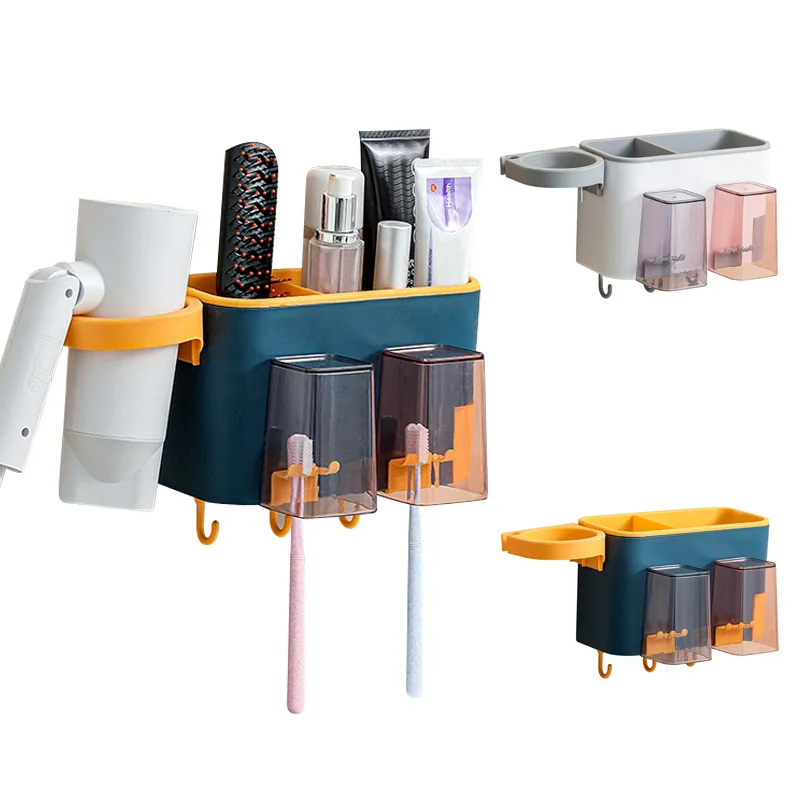

Multi-function Toothbrush Holder Hair Dryer Rack Wall Mounted Gargle Toothpaste Storage Box Free-punch Bathroom Organizers Racks