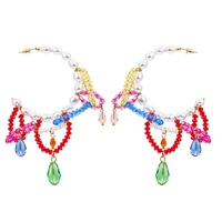 personality colored beaded tassel earrings for woman holiday exaggerated hand woven pearl earrings