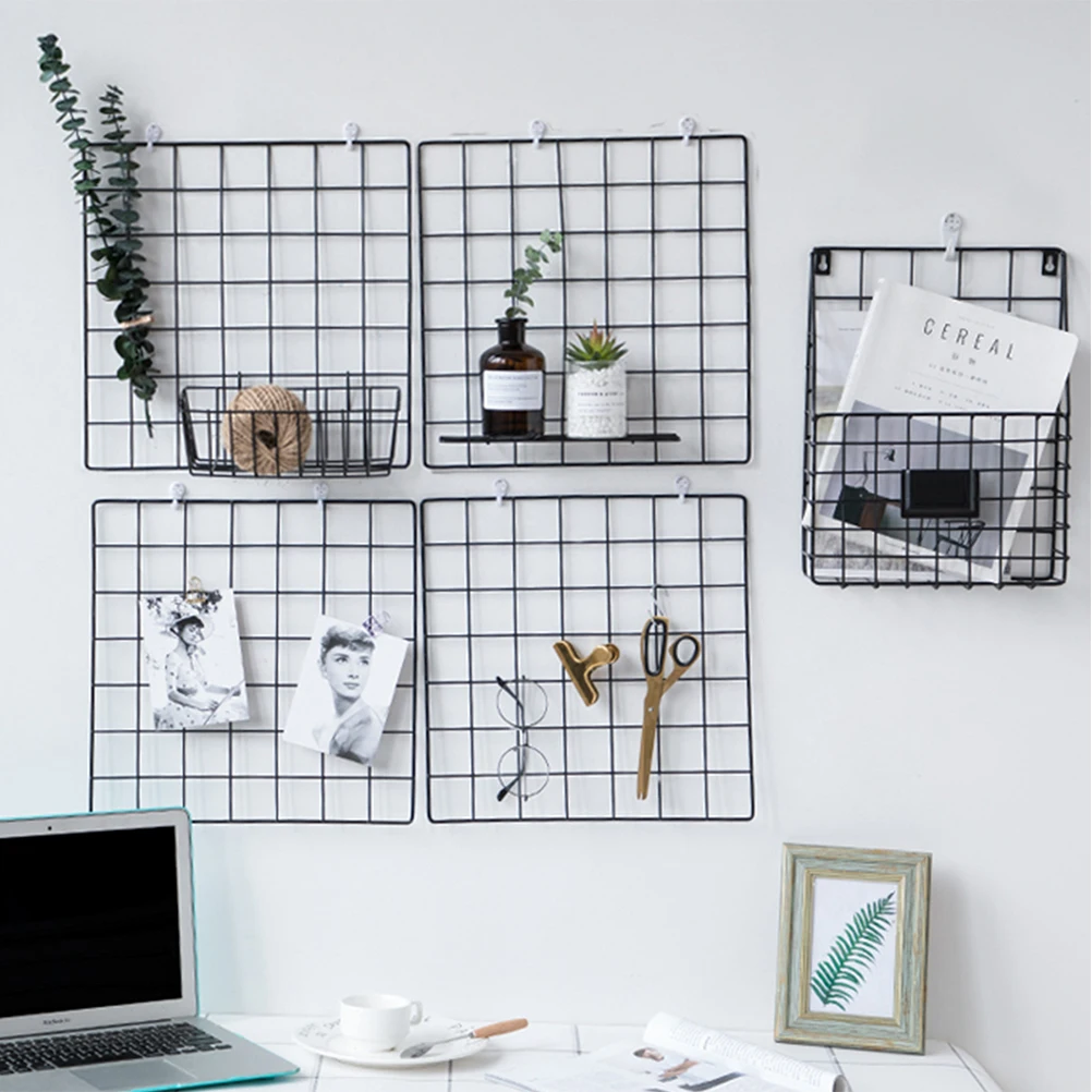 2 Pcs Iron Grid Photo Wall Art Decoration Shelf Storage Panel Grid Mesh Display Storage Organizer Racks Holder Home Decor