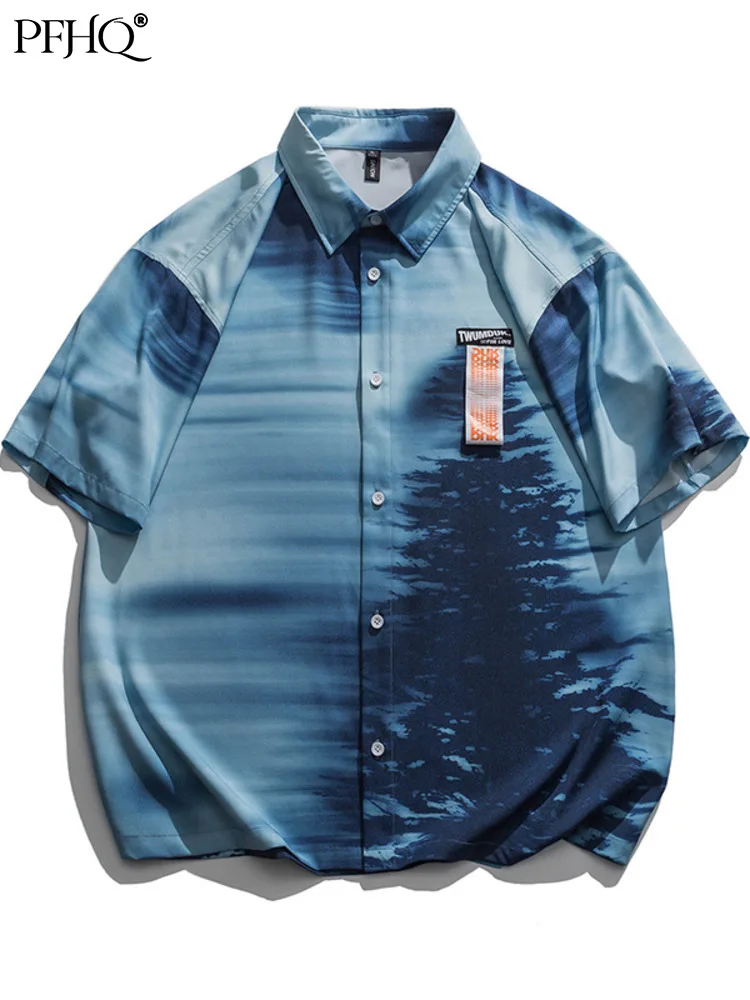 

PFHQ Men's Light Blue Print Personality Man Tops Turn-down Collar Short Sleeve Shirts Male Cool Chic Thin Clothing Summer 2022