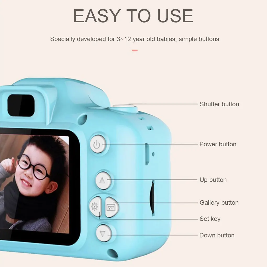 

Цифровая камера для детей 2-дюймовый ЖК-дисплей зум цифровая камера детский перезаряжаемый мультяшный регистратор синий