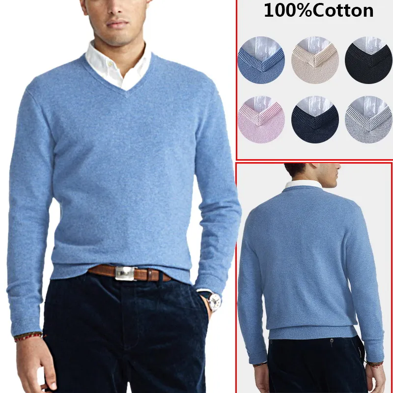 

High Quality Sweaters V-neck 100% Cotton Spring Autumn Knitted Pull Sueters Masculinos Fit Vetement Homme De Marque 8508