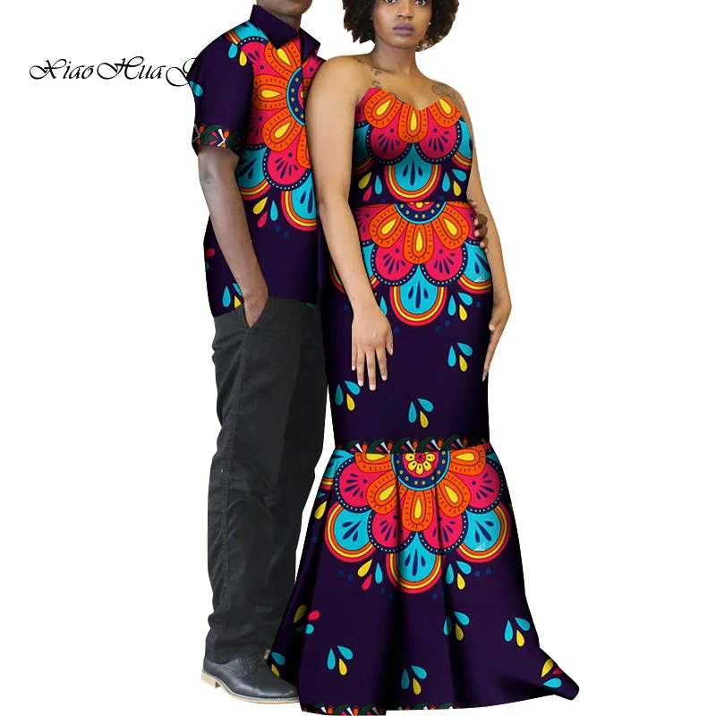 2 PCS African Clothes for Couples Bazin Riche African Print Men Shirt and Women Dress African Couple Clothing WYQ782