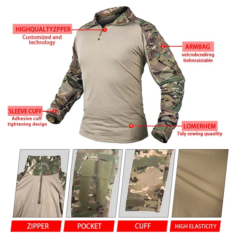 HAN WILD Hunting Suit Camouflage Tactical Uniform G3 Army Combat Sets Airsoft Paintball Multicam Cargo Pant T-shirts with 4 Pads images - 6
