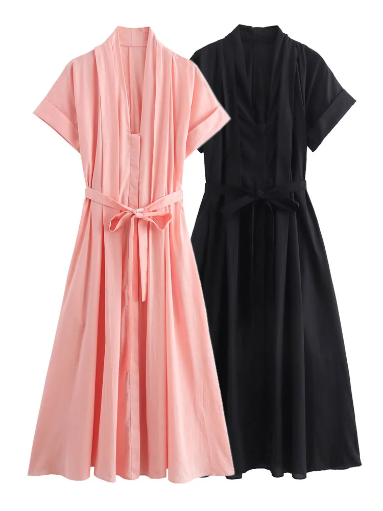 Женское платье-рубашка с поясом V-образным вырезом и коротким рукавом