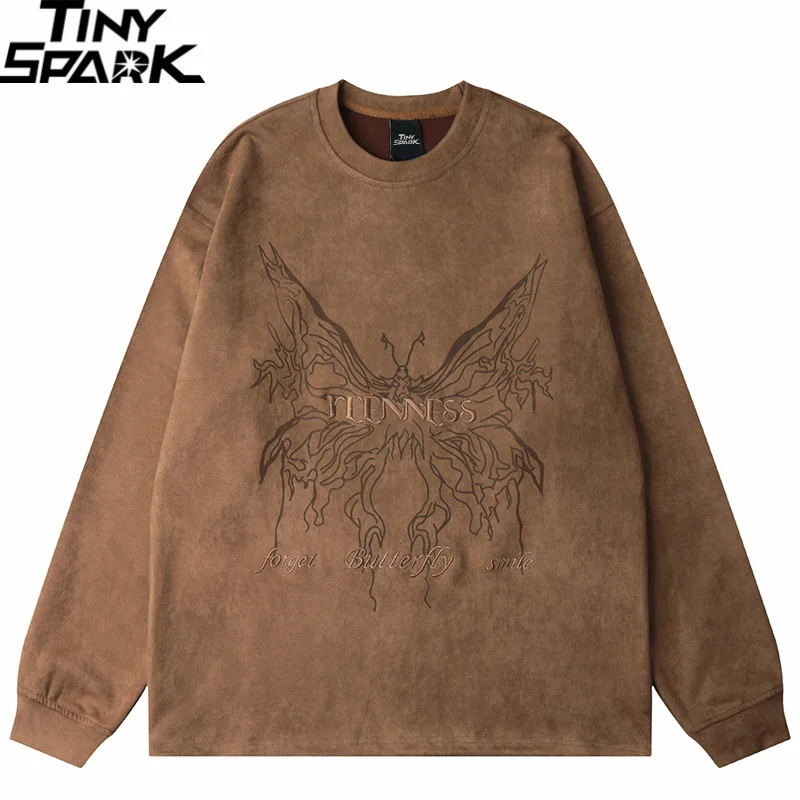 

Men Suede Sweatsirt Streetwear Butterfly Monster Embroidery arajuku Pullover 2023 Sweat Sirt Pullover ip op Street Wear