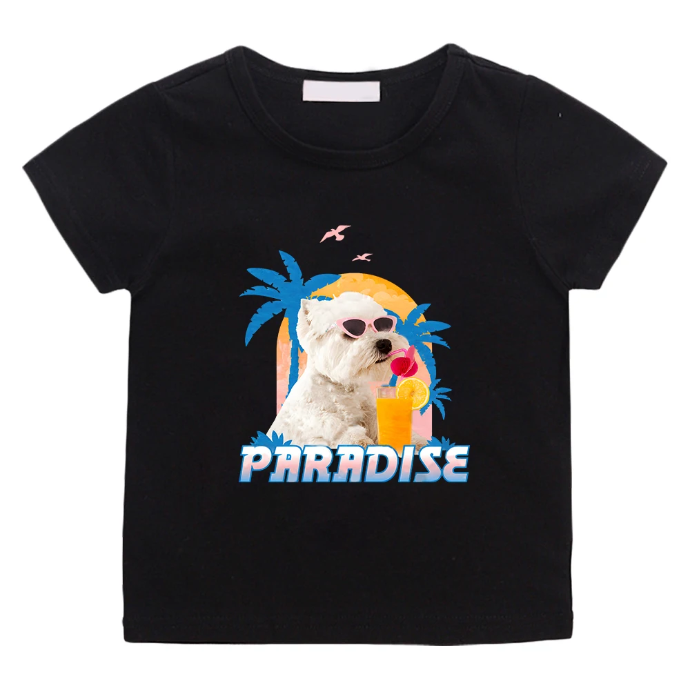 

Paradise Dog Summer Tee-shirt 100% Cotton Kawaii Cartoon Printing T-shirt Boys and Girls Short Sleeve Tshirts Cute Graphic Tees