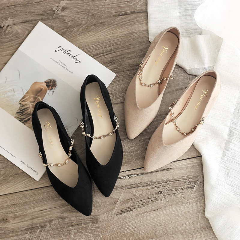 

Casual Woman Shoe Shallow Mouth Low Heels Pointed Toe Female Footwear Black Flats Summer Boat Dress New Leisure PU Rubber Flock