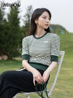 mishow womens t shirts summer new 2022 short sleeve korean office lady contrasting color striped knitted casual tops mxb21t0169