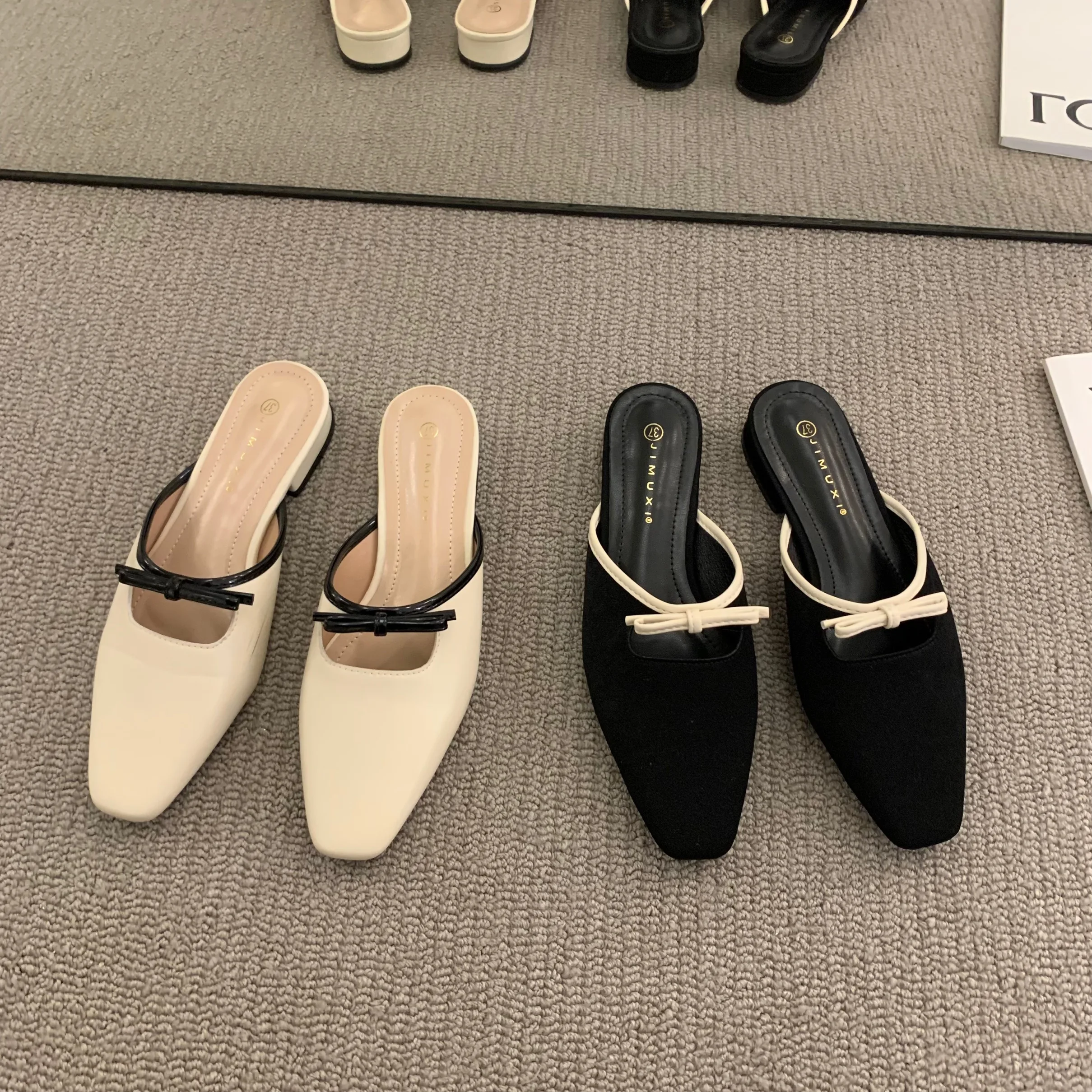 

Low Heel Square Toe Slippers Women's Shoes Summer Outer Wear 2022 Spring/Summer Bow Knot Muller Shoes