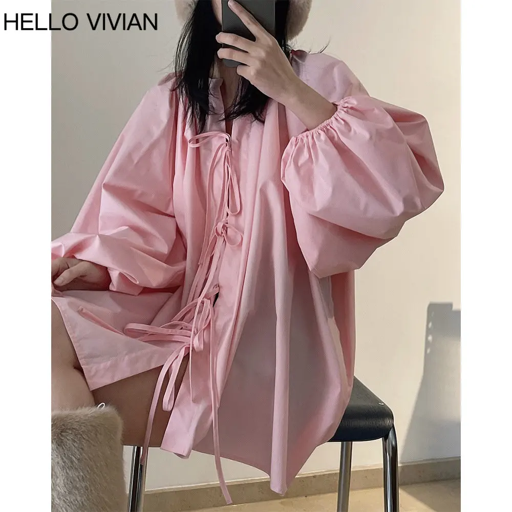 

2023 Spring and Summer New Japanese Retro Designer Wind Lantern Sleeve Shirt Loose Two Wear Tie Casual Cardigan Shirt Female