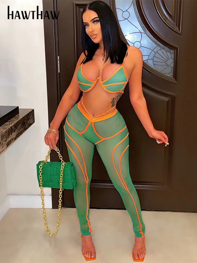 

Hawthaw Women Sexy Bra Camis Long Pants Mesh See Through Two Piece Sets Outfits 2022 Autumn Clothes Wholesale Items For Business