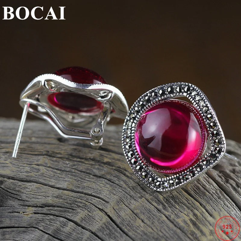 

BOCAI S925 Sterling Silver Earrings for Women New Fashion Round Red Corundum Agate Ear Studs Argentum Jewelry Free Shipping