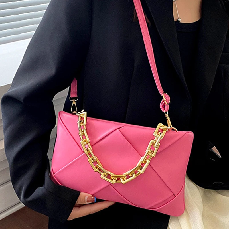 

Luxury Weaving Shoulder Bag Female PU Leather Crossbody Bag Chains Design Flap Satchel Bag Designer Messenger Handbag And Purse